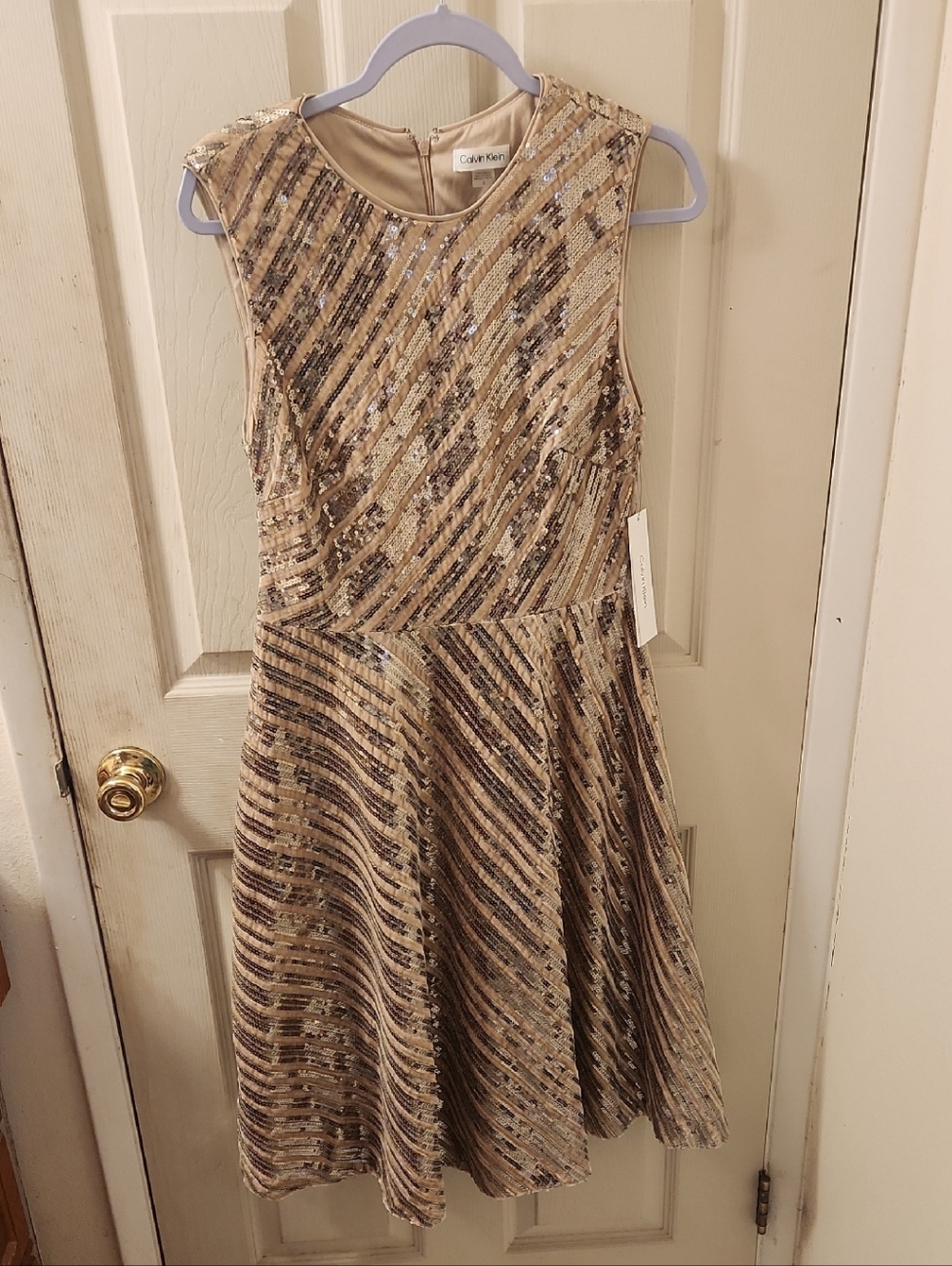 Calvin Klein Gold & Champagne Sequin Fit & Flare Dress Size 8. New With Tags NWT